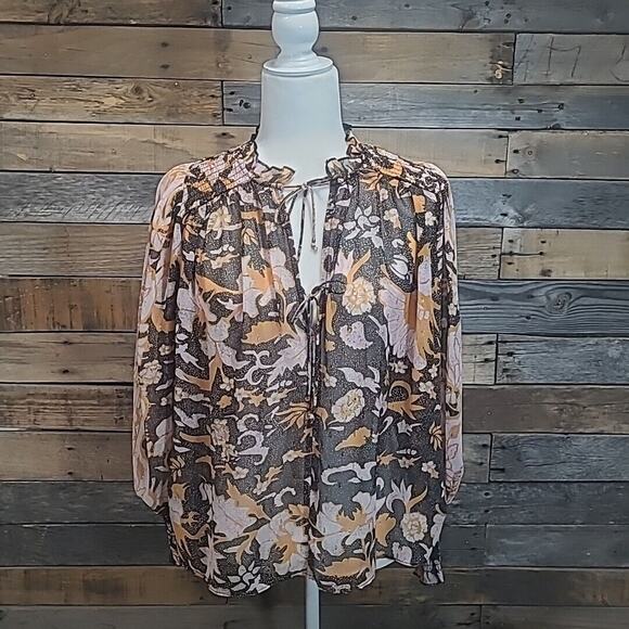 Anthropologie O.P.T. Black Pink Floral Sheer Long Sleeve Smocked top SZ M - Picture 1 of 9